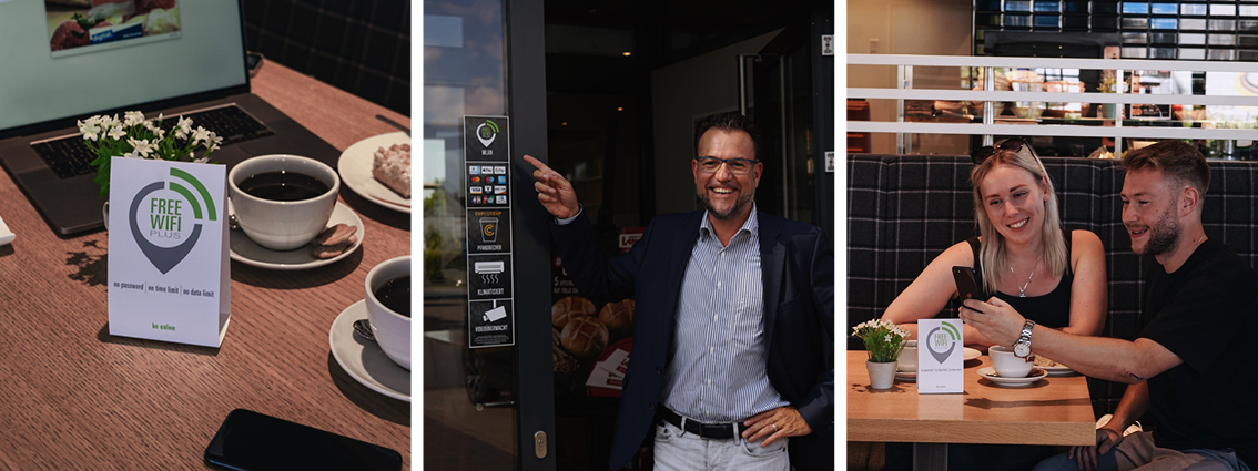 free.wifi.plus WLAN in der Bäckerei Lange. Von links: Marco Schlep-Richter, Kristina Tomics und Michel Sammrey